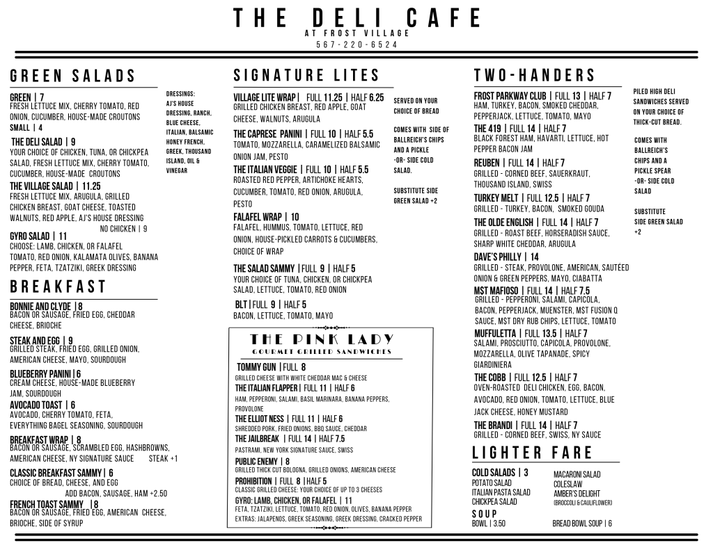 The Deli at Frost Menu, updated October 2023