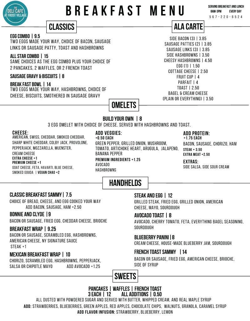 Frost Deli Cafe Breakfast Menu July 2025